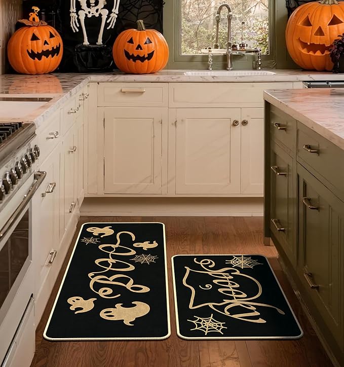 Halloween Kitchen Mat Set of 2, Spooky Spider Web Ghosts Boo Halloween Decor, Halloween Rug for Floor, Indoor Home Decor with Non-Slip Backing,17 x 29 Inch & 17 x 47 Inch-Ruum Studio Home