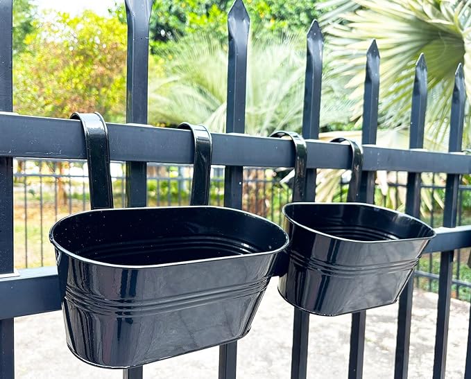 2 Pack Metal Hanging Planter for Outdoor Plants, 10 Inch Black Fence Planters Railing Pots for Garden Patio Balcony Decor, Flower Bucket with Detachable Hooks (Black, 2Pcs)-Ruum Studio Home