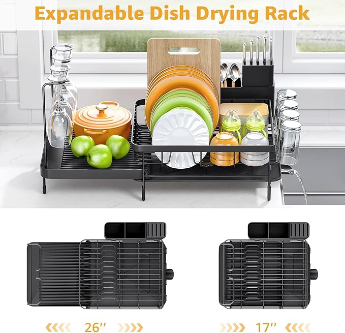 Dish Drying Rack for Kitchen Counter, Expandable Large Capacity Dish Rack with Drainboard, Wine Glasses Holder, Space Saving Organizer, Black-Ruum Studio Home