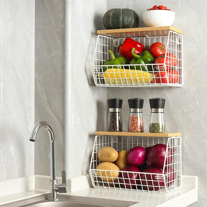 Fruit Basket, 2-Tier Fruit Bowl for Kitchen Counter, Stackable Wall Mounted Fruit Storage, Snack Organizer, Potato and Onion Storage Basket, Hanging Pantry Storage with Wood Lid, 2 Set, White-Ruum Studio Home