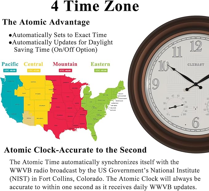CLXEAST 24 Inch Illuminated in/Outdoor Lighted Atomic Analog Wall Clock with Thermometer & Hygrometer, Oversized Large Waterproof Wall Clocks for Living Room Decor,Bronze Finish-Ruum Studio Home