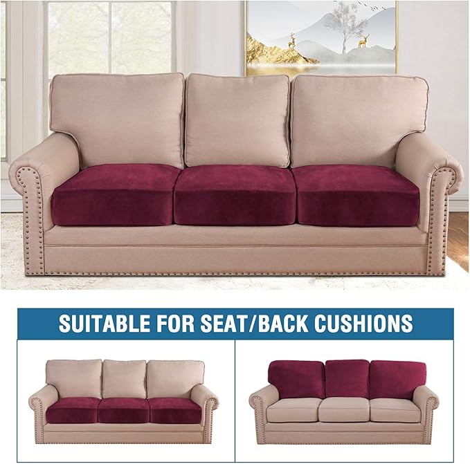 H.VERSAILTEX Velvet Stretch Couch Cushion Cover Plush Cushion Slipcover for Chair Loveseat Sofa Cushion Furniture Protector Seat Cushion Sofa Cover (3 Piece Sofa Cushion Covers, Burgundy)-Ruum Studio Home