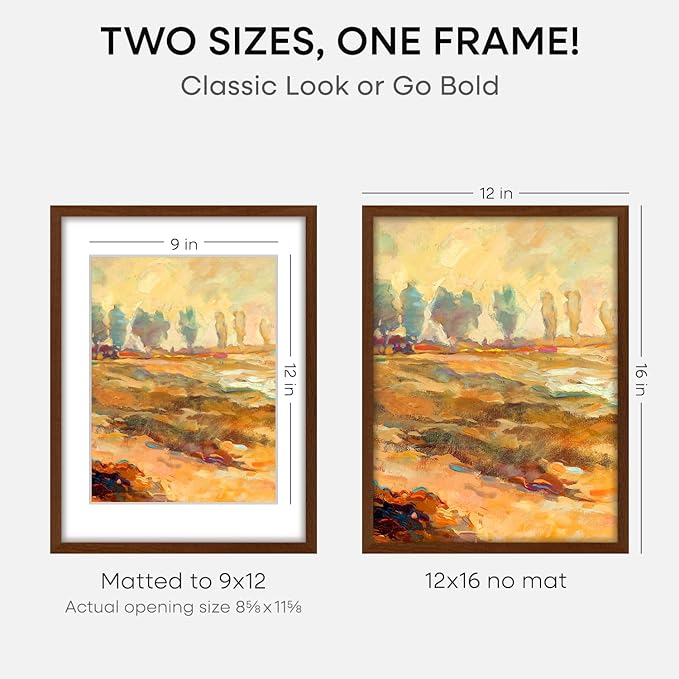 Homeforia 12x16 Picture Frame Brown, High End Dark Oak 12x16 Walnut Wood Poster Frame with Mat 9x12 Print, 12 x 16 Wooden Frame Matted to 9 x 12 Photo, 16x12 Frames, Tempered Glass, Wall Kit, Set of 1-Ruum Studio Home