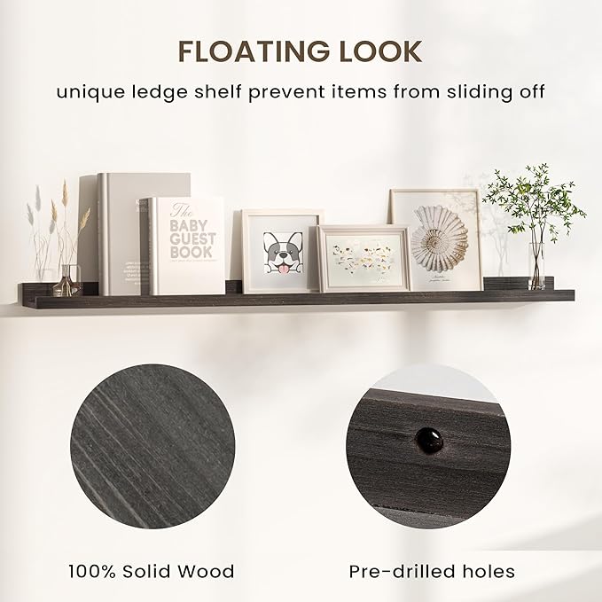 Floating Shelves for Wall, Picture Ledge Shelf 55 Inch Solid Wood Set of 2, Rustic Wall Shelves with Lip, Kids Bookshelf, Photo & Picture Live Edge Floating Shelves for Bedroom, Living Room, Kitchen-Ruum Studio Home