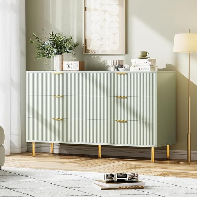GAOMON 6 Drawer Dresser, Wood Chest of Drawers Organizer Storage with Gold Handle, Large Storage Cabinet, Modern Design Dresser for Bedroom, Living Room, Closet, Hallway, Entryway, Green-Ruum Studio Home