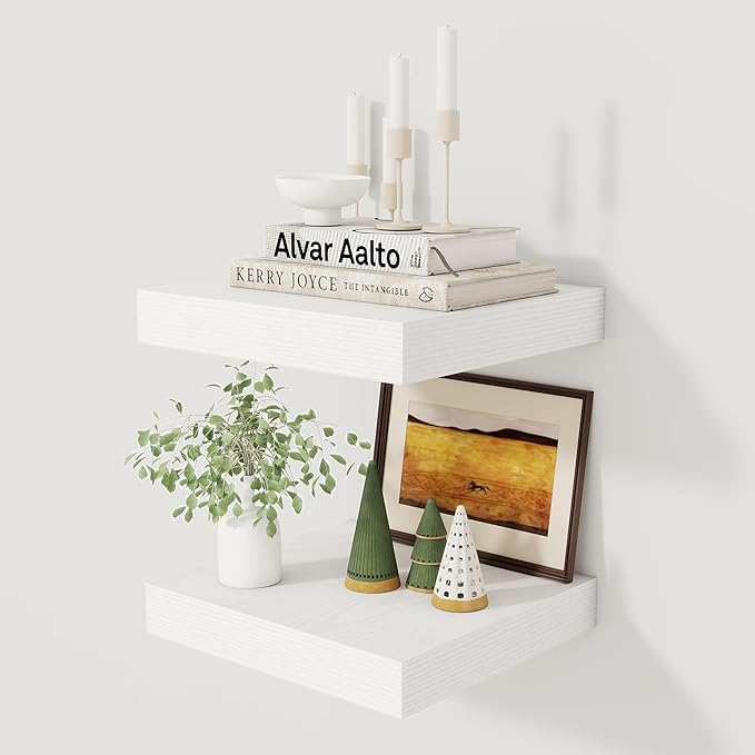 Fun Memories 12 Inch Floating Shelf, Rustic Wood Wall Shelves for Wall Decor & Storage, 12 x 12 Floating Shelf for Living Room, Bathroom, Bedroom, White, Set of 2-Ruum Studio Home