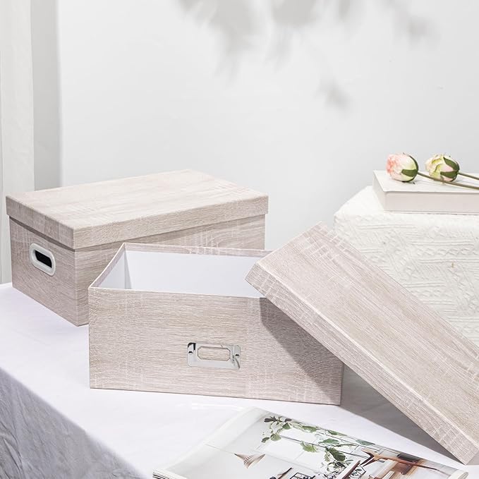 Briful Set of 2 Rustic Wood Grain Storage Boxes with Lids – Stackable Rectangular Organizer Bins, 14'' + 13'' Set Decorative Storage Containers for Bedroom, Living Room, Gifts-Ruum Studio Home