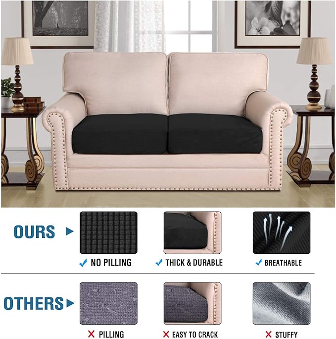 H.VERSAILTEX Super Stretch Individual Seat Cushion Covers Sofa Covers Couch Cushion Covers Slipcover Sets Thick Jacquard Textured Twill Fabric (2 Piece Medium Sofa Cushion Covers, Black)-Ruum Studio Home