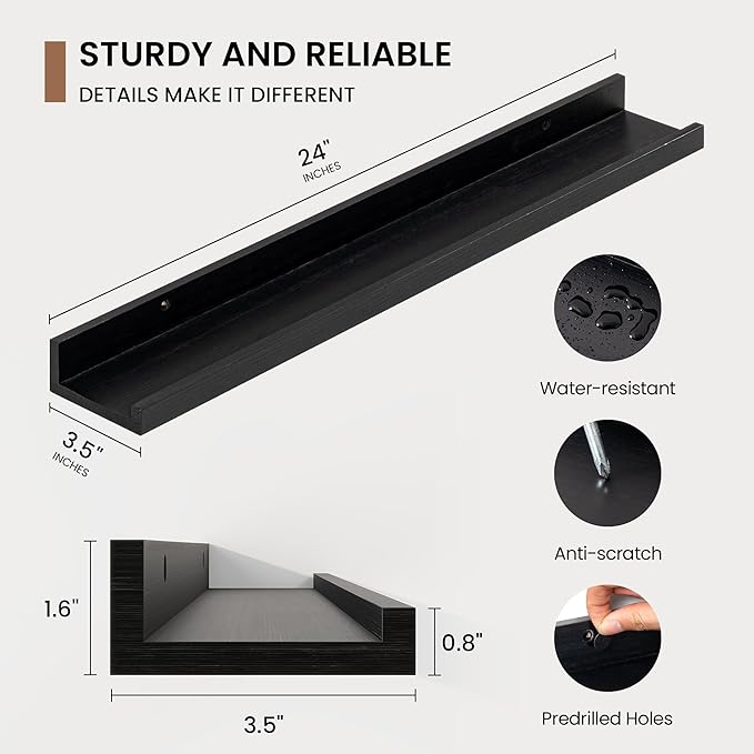 Picture Ledge Shelf, Solid Pine Wood Floating Shelves Set of 2, 24 Inches Nursery Book Shelves for Toys Storage, Kids Bookshelf Wall Mounted for Living Room Bedroom Decor Books Photo Frames, Black-Ruum Studio Home