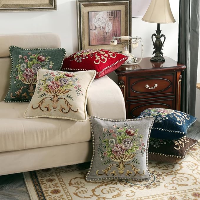 2 Pcs Grey Chenille Vintage Embroidered Throw Pillow Covers 18x18in,Grey Tassel Vintage Pattern Pillow Covers, Floral Embroidered Cushions Covers for Sofa Couch Bed Chairs Car-Ruum Studio Home
