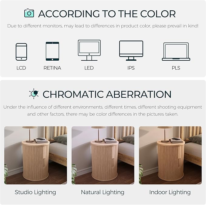 LINSY HOME Round Fluted End Table, Tall Side Table with Sliding Tambour Door and Storage Shelf, Modern Bedside Table, Mid-Century Nightstand for Living Room, Bedroom, Oak-Ruum Studio Home