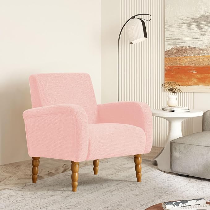 Chenille Fabric Accent Chair, Upholstered Armchair with Solid Wood Legs, Modern Living Room Accent Chair, Comfy Single Sofa Chair Reading Club Chair for Bedroom Reception Lounge, Pink-Ruum Studio Home