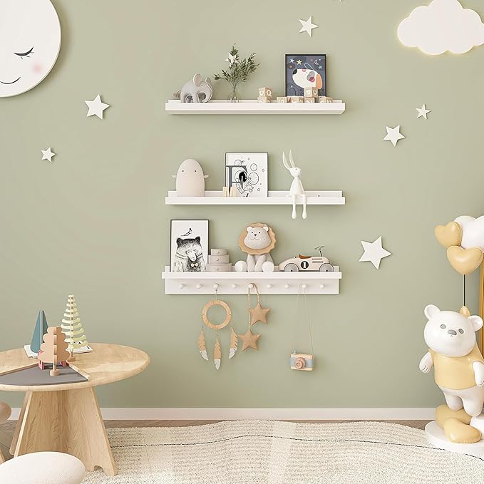 MBYD White Floating Shelves for Wall with Hooks, Nursery Book Shelves for Kids Room, 36 Inch Wall Mount Bookshelf for Living Room Bedroom Bathroom Kitchen, Hanging Picture Ledge Shelf Set of 3-Ruum Studio Home
