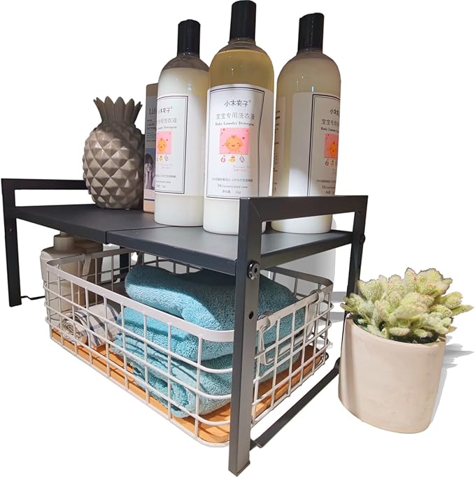 Expandable Cabinet Shelf Organizer 16-26" L Stackable Kitchen Counter Shelf Sink Rack Countertop Storage Black (Wide 10.6”D)-Ruum Studio Home