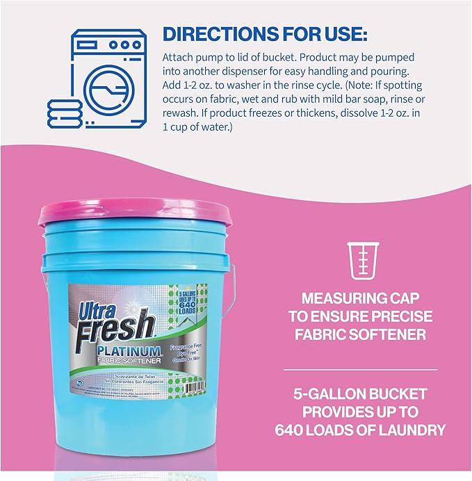 Ultra Fresh 5 Gallon Platinum Fabric Softener for All Machine Types, Liquid Laundry Softener, Up to 640 Loads, Fragrance & Dye Free-Ruum Studio Home