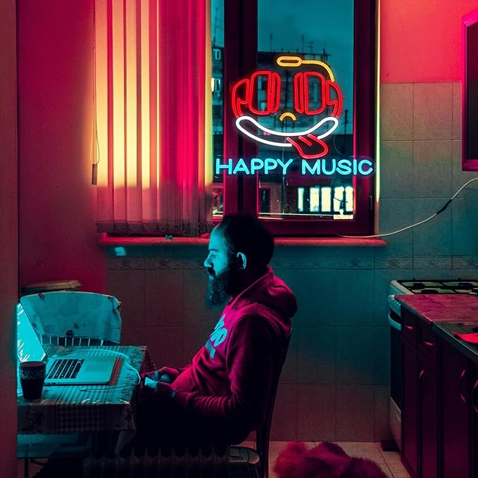 Headphone Neon Sign Dimmable Led Happy Music Neon Light for Wall Decor USB Cute Headset Figure Neon Light Sign for Music Studio Bar Live Music Party Bedroom-Ruum Studio Home