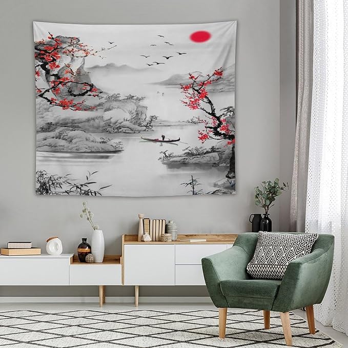 Cherry Blossoms Tapestry,Japanese Red Landscape Watercolor Abstract Art Tapestry,Asian Japanese Wall Tapestry, Nature Landscape Tapestries for Bedroom Living Room Decor 60"x50"-Ruum Studio Home