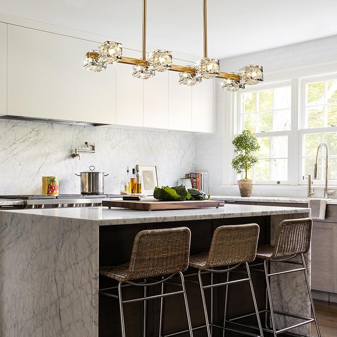 Dining Room Light Fixture,Gold Modern Crystal Chandelier Rectangular Pendant Light with 8 Light Farmhouse Chandeliers for Kitchen Island Dining Room Living Room Bedroom-Ruum Studio Home