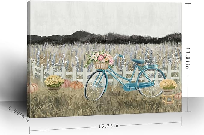 Farmhouse Decor Bathroom Fall Wall Art Vintage Boho Landscape Nature Canvas Picture Mountains, Bicycle Lavender Flowers Floral Neutral Small Artwork for Modern Organnic Country Rustic Cottagecore Bedroom-Ruum Studio Home