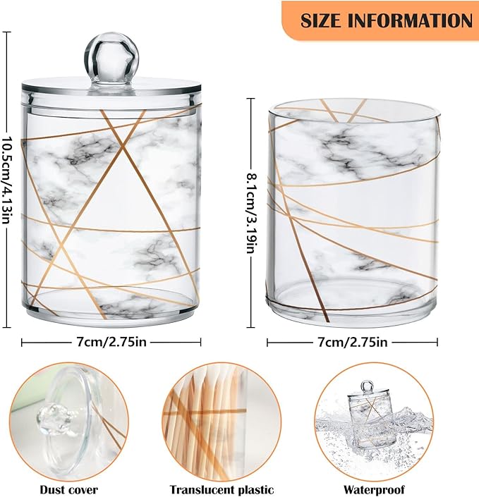 2 Pack Qtip Holder Dispenser White Marble Gold Line Bathroom Storage Canister Lid Acrylic Plastic Apothecary Jar Set Vanity Makeup Organizer for Cotton Swabs/Pads/Floss-Ruum Studio Home