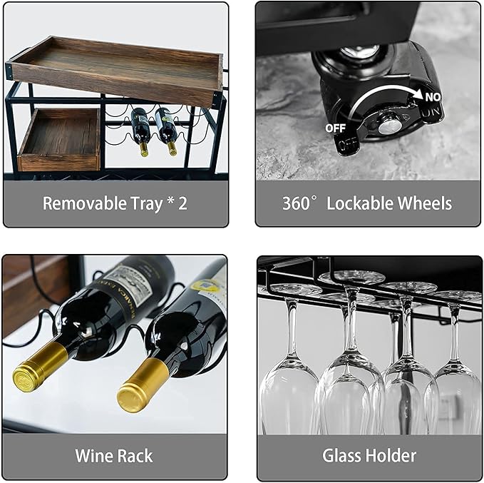 Bar Cart Industrial Kitchen Serving Carts for Home 3 Tier Storage Trolley with Wine Rack Glasses Holder Two Portable Trays Universal Casters with Brakes Rustic Rolling Cart Alcoholic Beverage-Ruum Studio Home
