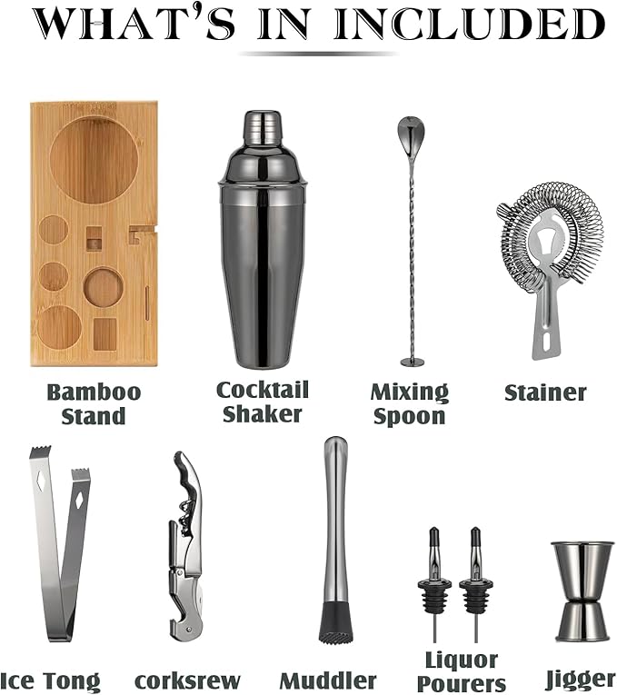 Cocktail Shaker Set, Mixology Bartender Kit 10-Piece Bar Tool Set with Stylish Bamboo Stand, Bar kit: Matini Shaker Mixing Spoon Muddler Jigger Cocksrew for Barware Set | Black-Ruum Studio Home