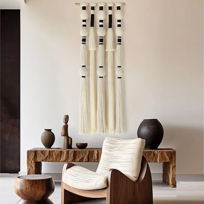 Macrame Wall Hanging Tassels Sphericity Cotton Textile Hanging Geometric Yarn Wall Art for Bedroom Living Room Decor 15.7" W x 39" L-Ruum Studio Home