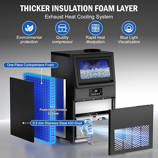 Commercial Ice Maker Machine 100 LBS/24H, 36 Ice Trays Freestanding & Undercounter Ice Machine Stainless Steel with 20 LBS Ice Storage Capacity, Ice Maker with Water Line, Dual Water Inlet, Black-Ruum Studio Home