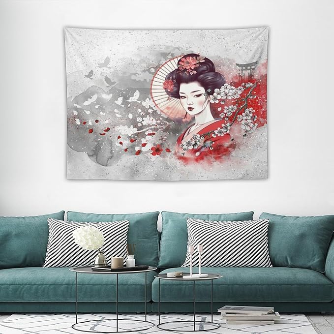 Japanese Geisha Tapestry Asian Red Cherry Blossom Traditional Kimono Folk Tapestries Home Decor for Living Room Bedroom Apartment Farmhouse Dorm 40"x30"-Ruum Studio Home