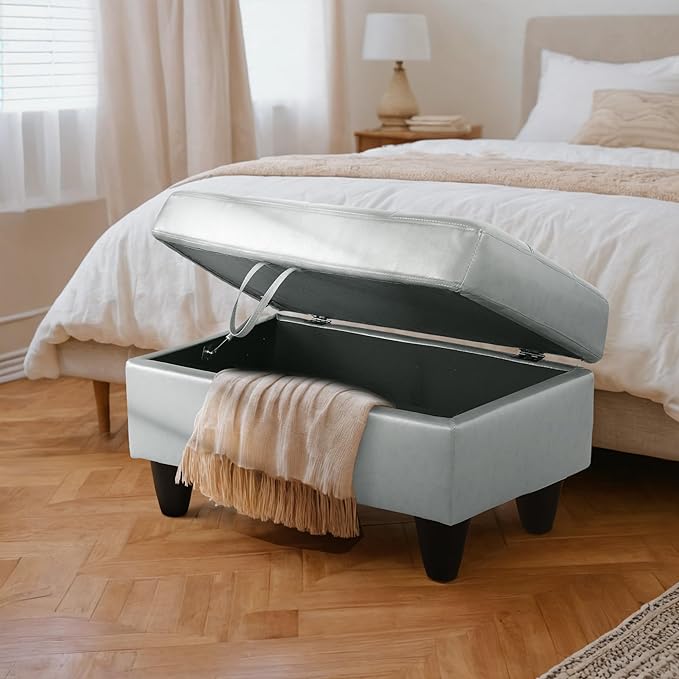Ottoman Rectangular Storage Ottoman Bench, Faux Leather Footrest, Coffee Table, Stool Footstool with Hinged Lid for Living Room, Bedroom, Entryway, Gray, 35"x23.5"x17.5"-Ruum Studio Home
