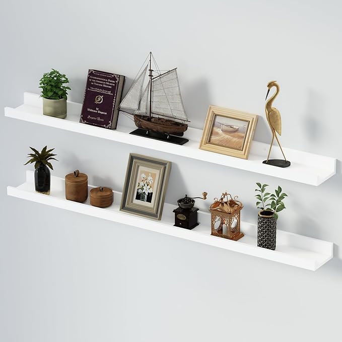 SAUMONIERES Picture Ledge Shelf Floating Book Shelves Set of 2 Wall Mounted Solid Wood for Bedroom Bathroom Living Room Kitchen, 48 Inch White-Ruum Studio Home