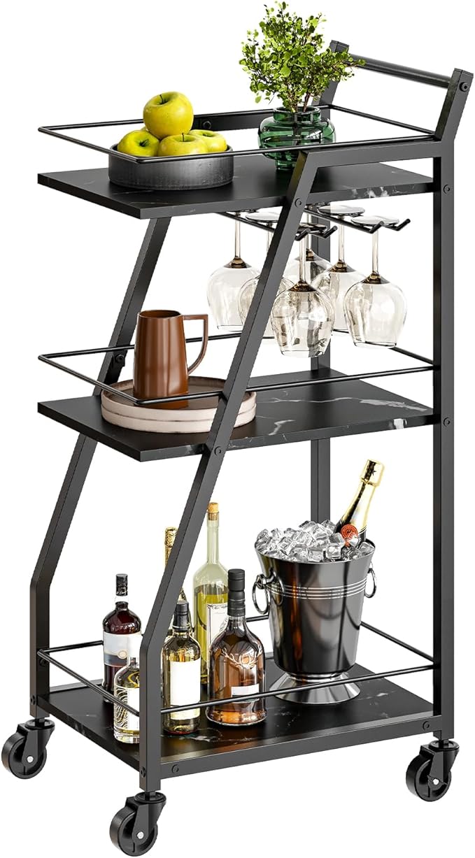 Bar Cart, Bar Cart for The Home, Small Bar Cart on Wheels, Beverage Cart, Home Bar Serving Cart with Glass Holder, Drink Cart for Bar, Kitchen, Dining, Marble Black and Black BC03BM-Ruum Studio Home