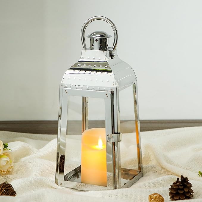 TRIROCKS Stainless Steel Candle Lanterns 12''H Decorative Candle Holders with Tempered Glass for Indoor Outdoor Porch Garden Parities and Wedding(Silver)-Ruum Studio Home