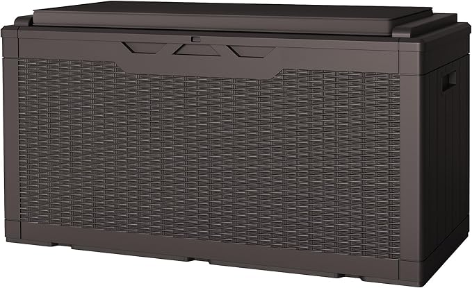JUMMICO 100 Gallon Resin Deck Box with Cushion, Waterproof Outdoor Storage Box with Lockable Lid for Garden Tools, Patio Cushions (Brown)-Ruum Studio Home