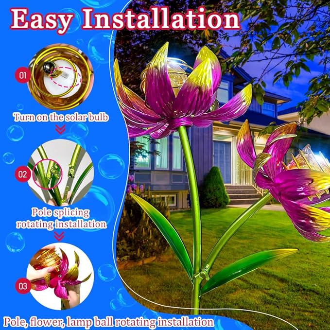 Solar Wind Spinner Outdoor, 63 Inch Metal Wind Spinner Yard Art with Lights - Twin Flower Design Pinwheels for Yard and Garden Decor, Solar Garden Decor-Ruum Studio Home