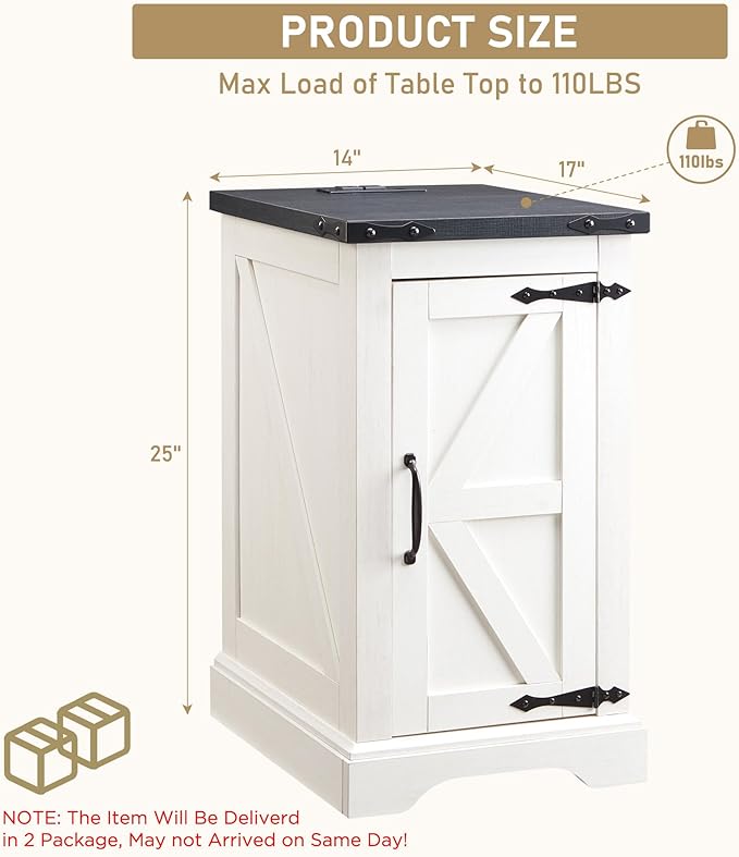 JXQTLINGMU Farmhouse Nightstand Set of 2 with Charging Station, 17" D Rectangular End Table with Barn Door & Adjustable Storage Shelf, Wood Rustic Sofa Side Table for Living Room, Bedroom, White-Ruum Studio Home