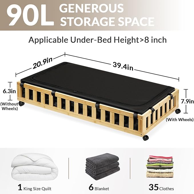 2 Pack Bamboo Under Bed Storage with Wheels, 39”x20”x7.8” Lager Under Bed Storage Containers (Natural)-Ruum Studio Home