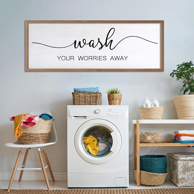 Wash Your Worries Away Wall Art Sign 32"×12" Laundry Room Large Wood Framed Restroom Toilet Wall Decor Hanging (Wood)-Ruum Studio Home