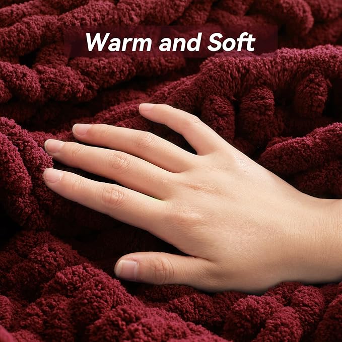 Chunky Knit Throw Blanket, 30''*40'' Knitted Throw Chenille Yarn for Bed Couch, Handmade Red Crochet Big Thick Blanket, Machine Washable Cute Comfy Blanket for Home Decor-Ruum Studio Home