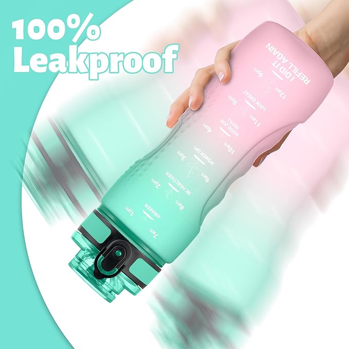 OLDLEY 25 oz Motivational Water Bottle, Sports Water Bottle with Strap, Leakproof BPA Free Large Water Bottles for School, Gym, Travel, Outdoor, Tritan, Green&Pink-Ruum Studio Home