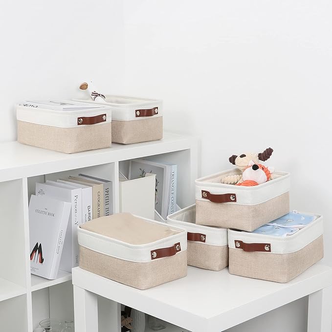 DULLEMELO Small Storage Bins, Storage Baskets for Organizing, Collapsible Rectangular Fabric Baskets for Shelves, Closets, Nursery, Home, Office, Empty Gift Baskets (6-Pack, White&Khaki)-Ruum Studio Home