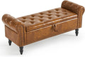 Furniliving Storage Ottoman Bench, Leather Benches End of Bed Bench with Solid Wood Legs Upholstered Ottoman Bench with Storage Indoor Bench for Living Room with Rolled Arm, Entryway, YellowBrown-Ruum Studio Home