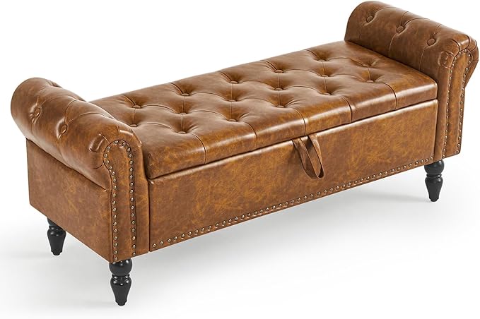 Furniliving Storage Ottoman Bench, Leather Benches End of Bed Bench with Solid Wood Legs Upholstered Ottoman Bench with Storage Indoor Bench for Living Room with Rolled Arm, Entryway, YellowBrown-Ruum Studio Home