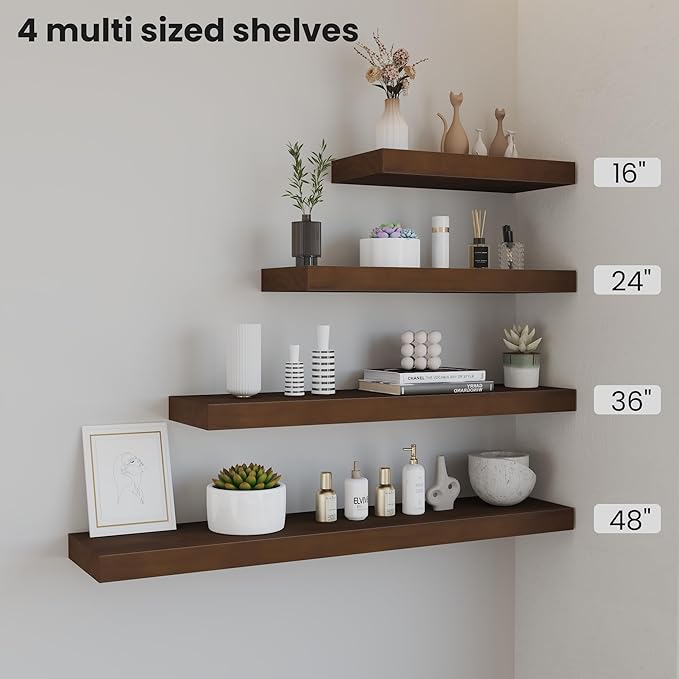Wood Floating Shelves for Wall 24” x 8”x 1.4” Shelf Floating Rustic Farmhouse Decor, Heavy Duty Shelf Hold 60 lbs, Wall Shelves for Bathroom Living Room Kitchen Bedroom Office, 2 Packs Walnut-Ruum Studio Home