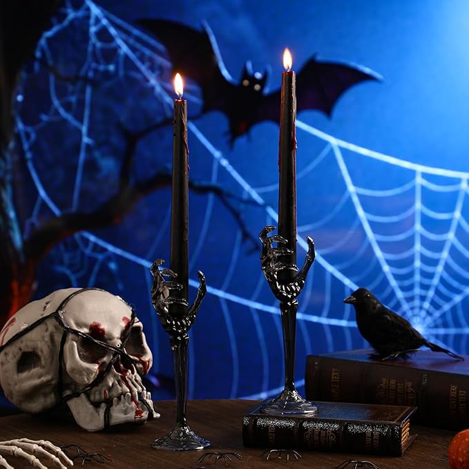 LemonRoad 2 Pcs Halloween Skull Candle Holders Halloween Table Centerpieces Fireplace Decorations Skeleton Gothic Decor Horror Skeleton Skull Candlestick Holders for Home Office Bar Party Supplies-Ruum Studio Home
