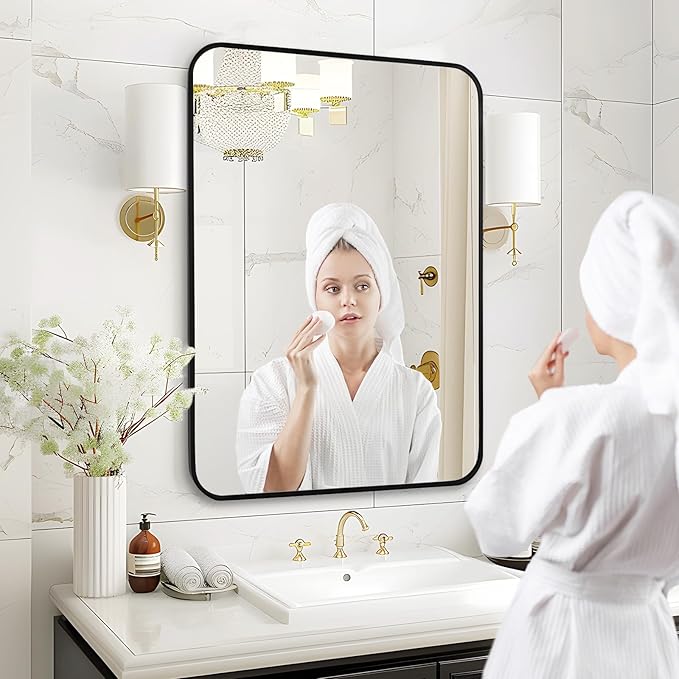 Fabuday Black Wall Mirror for Bathroom Over Sink - 22x30 Matte Metal Framed Rectangle Mirror, Rounded Rectangular Vanity Mirrors for Living Room, Bedroom, Entryway, Hallway, Horizontally/Vertically-Ruum Studio Home