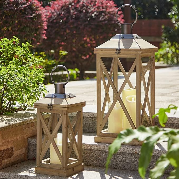 Glitzhome Mondern Farmhouse Wood Metal Lanterns Decorative Hanging Candle Lanterns Set of 2, Natural (No Glass)-Ruum Studio Home