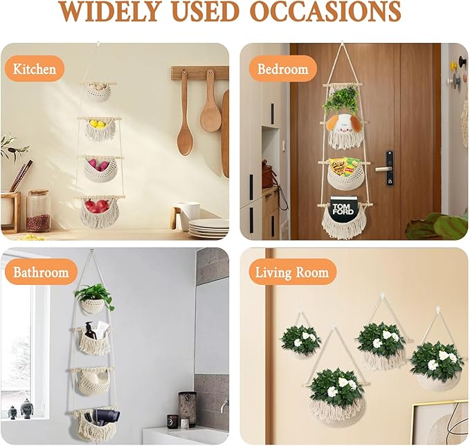 4 Tier Hanging Fruit Basket for Kitchen, Beige Boho Cotton Rope Crocheted Fruit Holder for Bathroom Bedroom, Detachable Wall Hanging Basket Shelves Over Door Organizer for Fruits Veggie Plant Decor-Ruum Studio Home