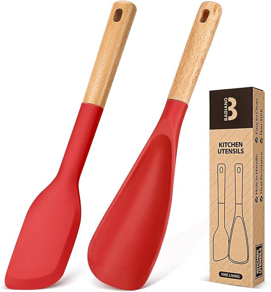 Cooking Spoon and Scraper for Nonstick Cookwares, Great for Cooking and Serving Durable BPA-Free Matte Silicone, Wood Handle Multifunction Spoon for Mixing, Scoop, and Scrape (RED)-Ruum Studio Home