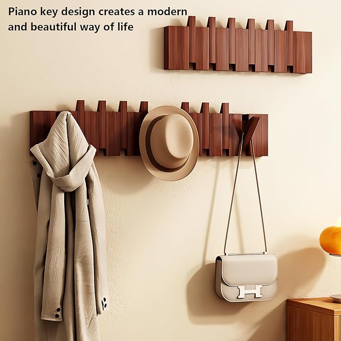 Wall Mounted Piano Key Hanger | Flip Style Hook | Entrance Wall Art Hook, Made of Oak Wood (3 Times Painted, 4 Times Polished) (Walnut, 6Hooks)-Ruum Studio Home